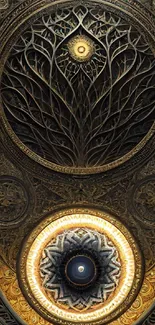 Intricate golden circular design with artistic motifs on mobile wallpaper.