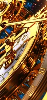 Intricate golden clockwork with cosmic backdrop.