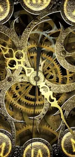 Intricate golden gears and clockwork wallpaper design.