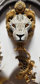 Intricate steampunk lion design with golden gears and mechanical elements.