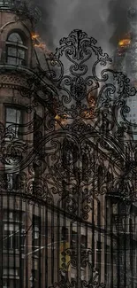 Detailed gothic building with ornate patterns and smoky background.