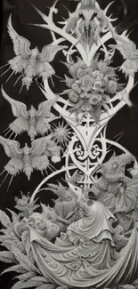 Gothic wallpaper with intricate monochrome design and fantasy elements.