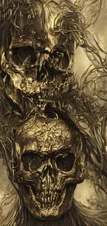 Gothic skulls intertwined with branches in intricate mobile wallpaper design.