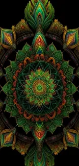 Intricate green kaleidoscope mandala on black background.