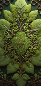 Intricate green leaf pattern wallpaper design with elegant details.