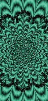 Intricate green mandala with black floral accents on a teal background.