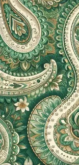 Intricate emerald green paisley wallpaper with floral patterns.