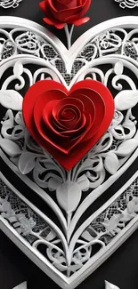 Intricate heart design with red roses on a mobile wallpaper