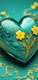 Turquoise heart with golden floral design and yellow flowers.