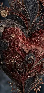 Intricate heart design with floral patterns on dark background.