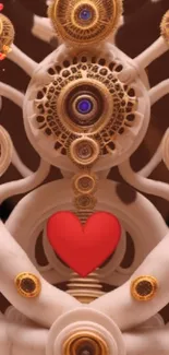 Steampunk heart design with gears and red accent on brown background.