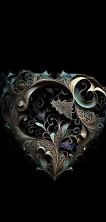 Intricate heart design on black background, artistic mobile wallpaper.