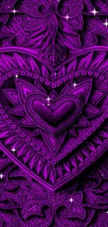 Intricate purple heart pattern wallpaper with floral design.