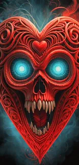 Intricate red heart skull design with glowing blue eyes on mobile wallpaper.