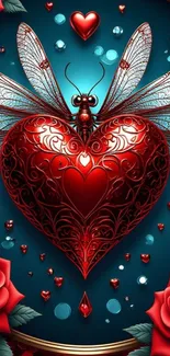 Intricate red heart with wings and roses on teal background.