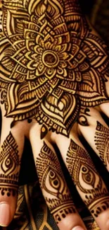 Intricate henna design on hand, showcasing detailed artistry.