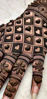 Intricate henna design on hand wallpaper with heart and flower patterns.