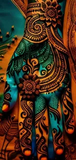 Intricate henna hand design with vibrant colors.