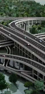 Highway overpass with lush greenery and multiple lanes in urban setting.