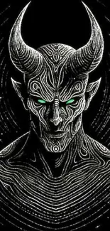 Intricate demon with horns and glowing eyes.