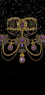Intricate jewel design with gold and purple on black background.