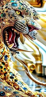 Jeweled leopard artwork with gold and vibrant colors.