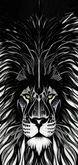 Intricate monochrome lion artwork with vibrant yellow eyes.