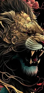 Intricate tattoo-style lion wallpaper with artistic detail.