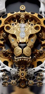 Intricate cyberpunk lion with steampunk gears in gold and white on wallpaper.