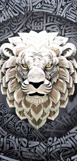 Intricate lion head on dark patterned background wallpaper.