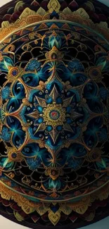 Intricate mandala design with blue and gold patterns for mobile wallpaper.