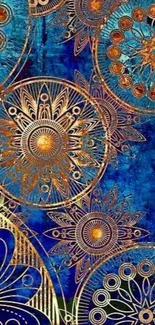 Intricate mandala art wallpaper with blue and gold hues.