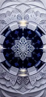 Intricate white and blue mandala wallpaper design.