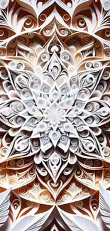 Intricate paper art mandala wallpaper in beige and white.