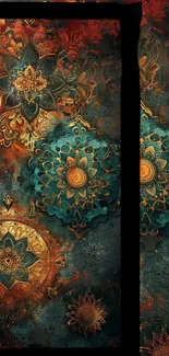 Intricate mandala wallpaper with vibrant teal and orange hues