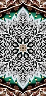 Intricate mandala pattern with black, white, and teal colors on a phone wallpaper.