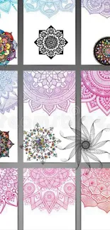 Colorful mandala designs on phone wallpaper, showcasing intricate patterns.