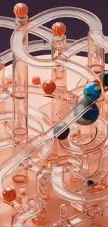 Intricate marble run with colorful pathways and marbles.