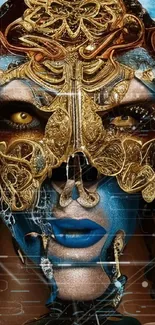 Ornate gold and blue mask wallpaper design.