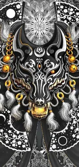 Intricate black and gold mask design wallpaper for mobile.