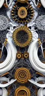 Intricate abstract wallpaper with gold gears and white curves.