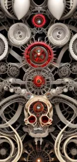 Intricate mechanical art wallpaper with gray gears and red accents for mobile display.