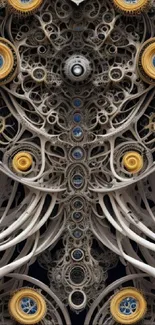 Intricate steampunk mechanical art design with circular motifs and gears.