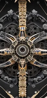 Intricate mechanical art with symmetrical pattern and organic elements.