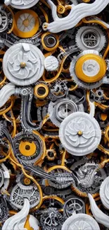 Intricate mechanical art wallpaper with white and orange gears.