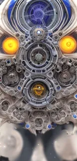 Intricate mechanical design with steampunk details on a phone wallpaper.