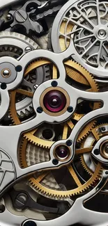 Intricate close-up of mechanical gears in silver and gold design.