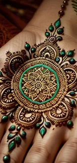 Intricate mehndi design on a hand with green and brown hues.