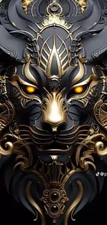 Metallic beast artwork with gold accents and intricate design, dark background.