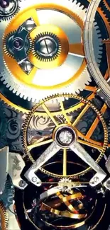 Intricate design of metallic gears with gold accents.